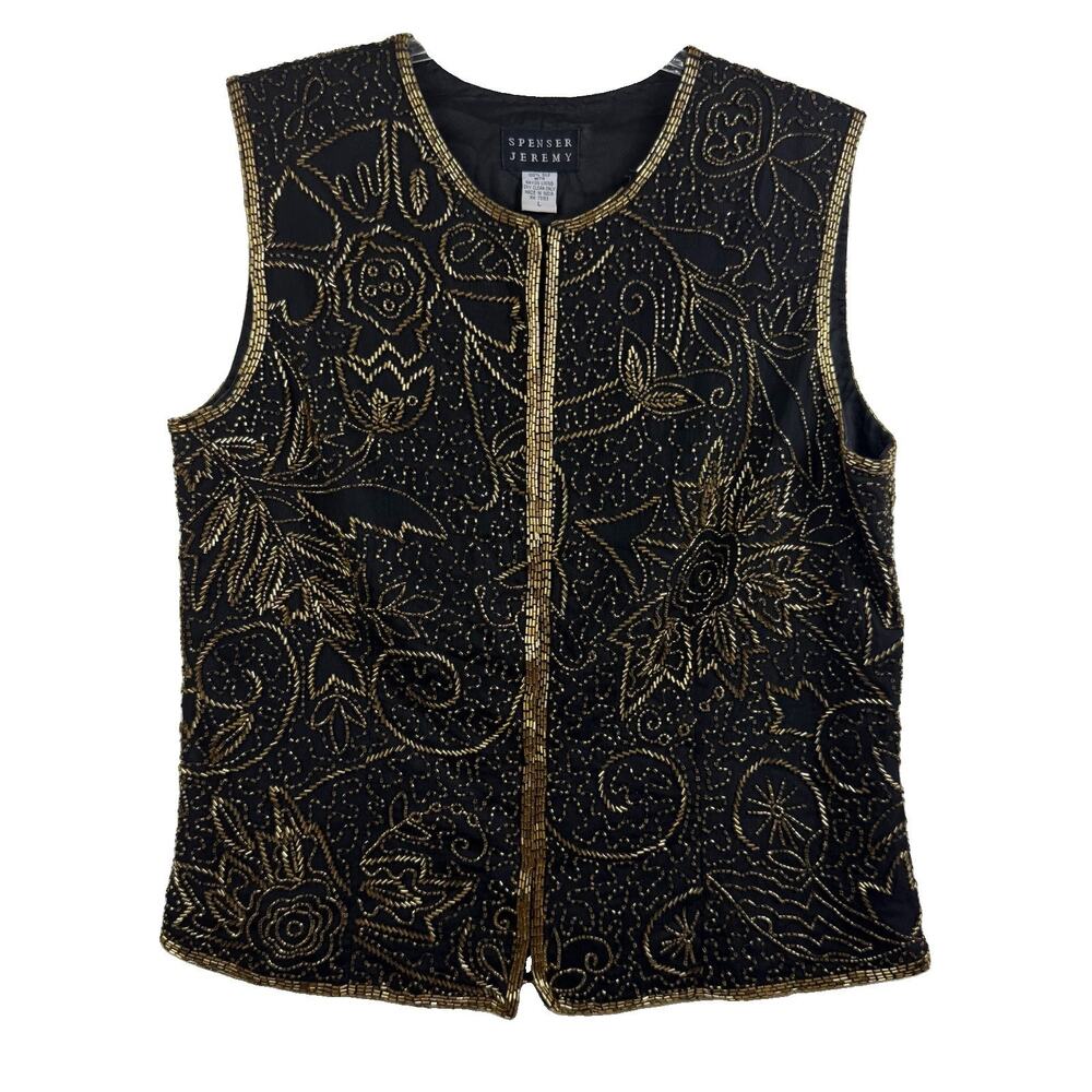 Vintage Spenser Jeremy Black 100% Silk All Over Gold Beaded Vest Large Cocktail